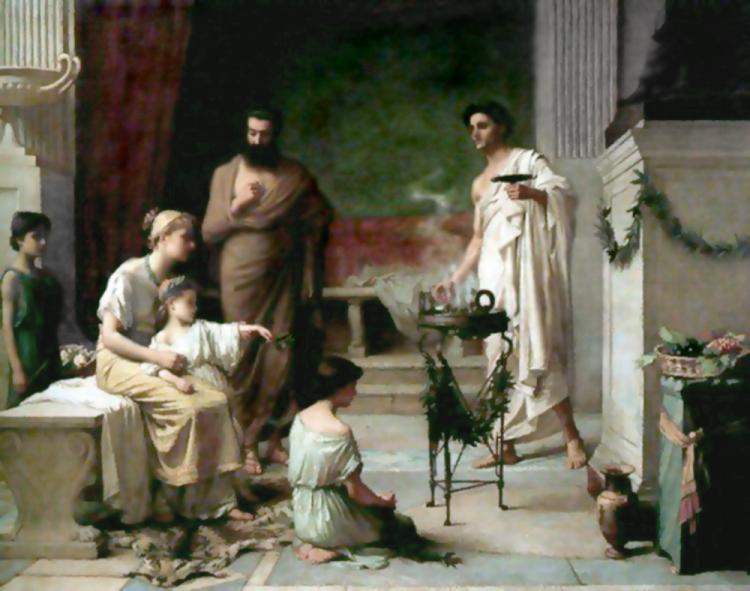 'Sick child brought into the temple of Aesculapius' by John William Waterhouse'