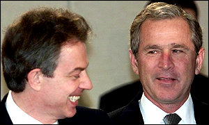 starting an illegal war: UK Prime Minister Tony Blair and US President George W Bush share a  joke